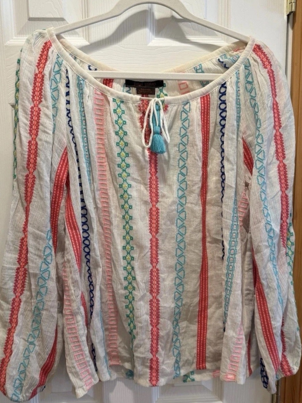 Payal Pratap Embroidered Stripes Aqua Coral Tunic Top Blouse SMALL Ivory EXC